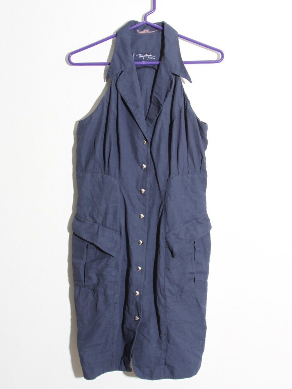 Thierry Mugler Activ Mini Dress Vintage Linen Button Front Sleeveless Blue Sz 46